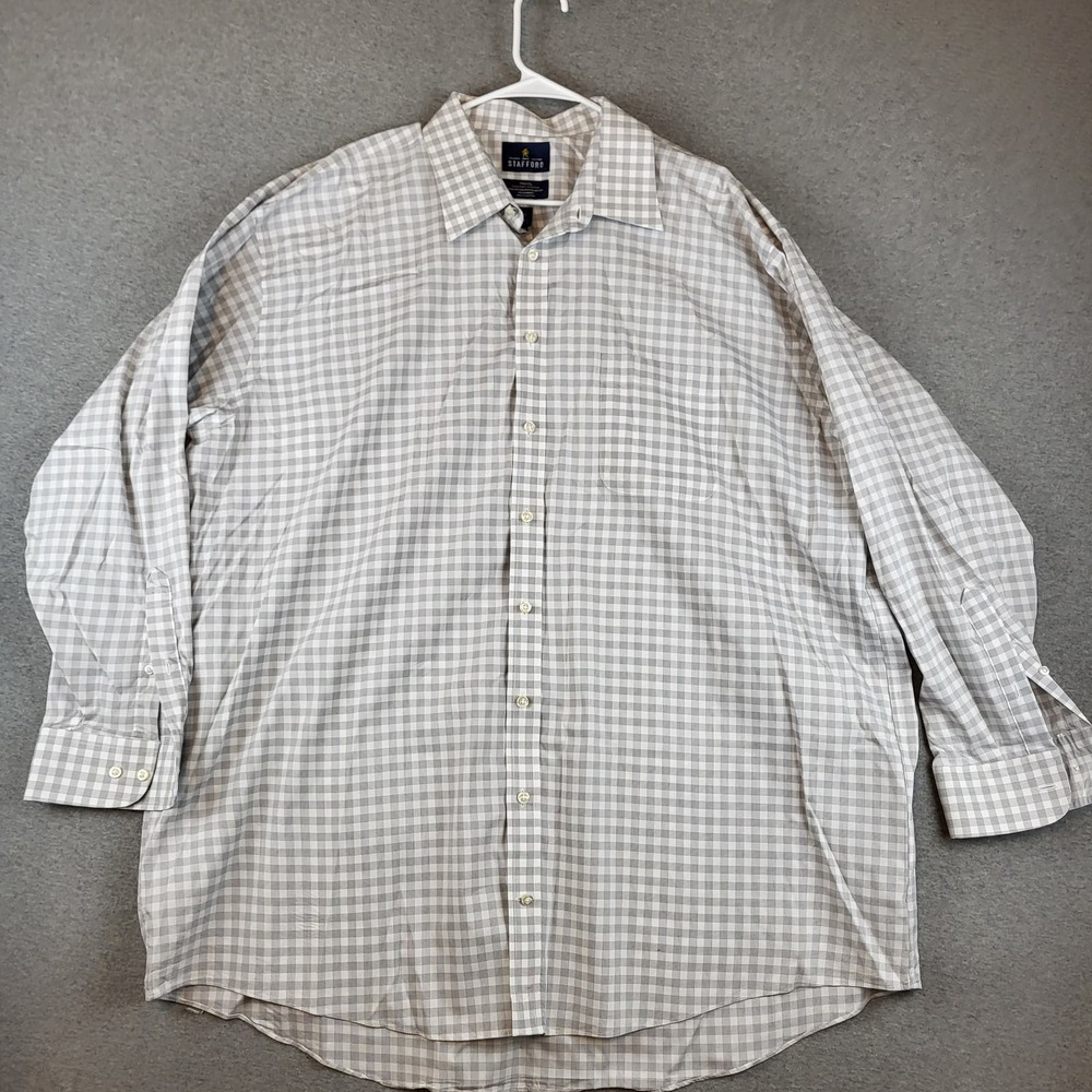 Stafford Shirt Mens 18 1/2 Big Gray Check Stretch Collared Long Sleeve Button Up